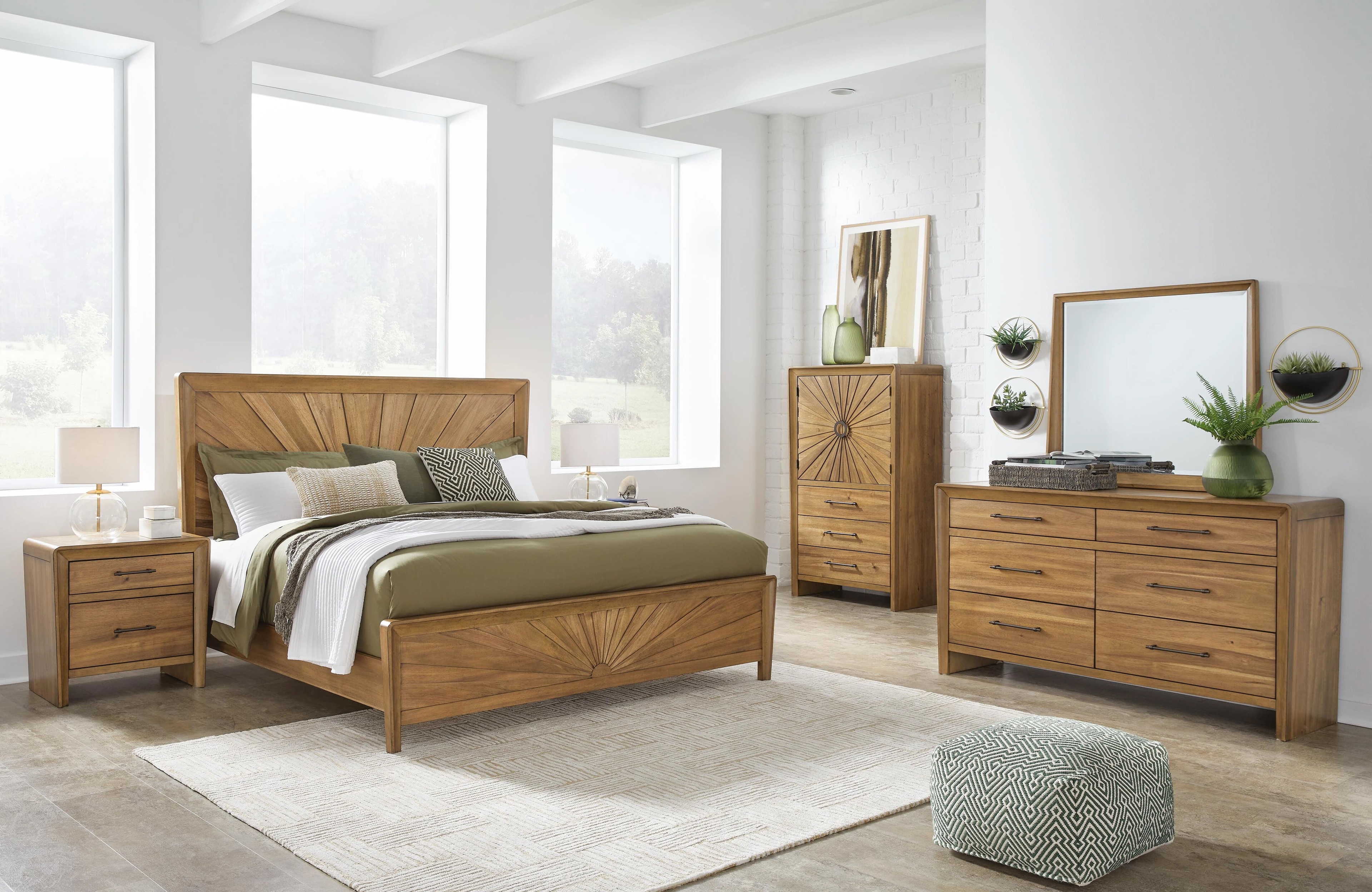 Takston bedroom with coordinating bed, dresser, mirror and bedside furniture