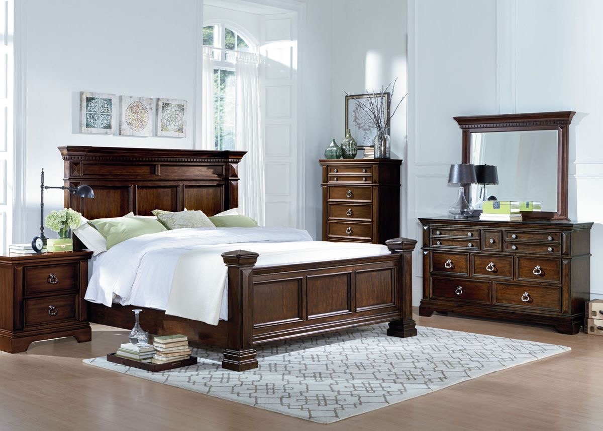 A complete bedroom setting with a coordinating bed, dresser and bedside furniture